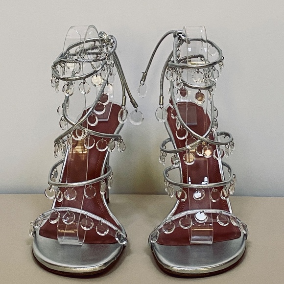 Amina Muaddi Tina Leather Ankle-Wrap Sandals With All Over Crystals-Appliques - Picture 9 of 15